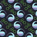 Chemical retort with liquid and bubbles and hexagonal molecule seamless pattern on black background
