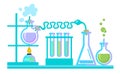 Chemical science lab equipment. Test tubes, flasks, spiritlam. Vectot. Royalty Free Stock Photo