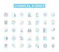 Chemical science linear icons set. Reactivity, Molecules, Elements, Compounds, Catalysts, Acids, Bases line vector and