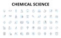 Chemical science linear icons set. Reactivity, Molecules, Elements, Compounds, Catalysts, Acids, Bases vector symbols