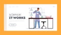 Chemical Scientific Research Landing Page Template. Man Chemist Scientist Holding Beaker Conducting Chemical Experiment