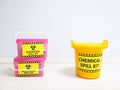 Chemical Spill kit yellow bucket and Biohazard Spill Kit with Warning danger caution hazard tag sign or symbol for emergency case.