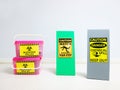 Chemical Spill kit yellow bucket and Biohazard Spill Kit with Warning danger caution hazard tag sign or symbol for emergency case.