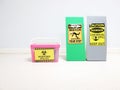 Chemical Spill kit yellow bucket and Biohazard Spill Kit with Warning danger caution hazard tag sign or symbol for emergency case.