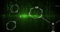 Chemical structure and binary code image over green background
