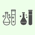 Chemical substance line and solid icon. Lab flask and test tube with liquids outline style pictogram on white background Royalty Free Stock Photo