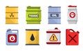 chemical substances containers set. metal iron and plastic containers with radioactive wastes, toxic components gas