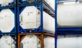 Chemical tank container. ISO tank container for chemical delivery. Bulk liquid transport. Chemical company. Container freight area