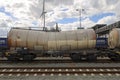 Chemical tank wagons for cargo trains stored at train station Lage Zwaluwe Royalty Free Stock Photo