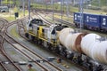 Chemical tank wagons for cargo trains stored at train station Lage Zwaluwe Royalty Free Stock Photo