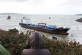 The chemical tanker vessel Blue Star is seen stranded off the coast of Ares Royalty Free Stock Photo