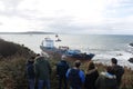 The chemical tanker vessel Blue Star is seen stranded off the coast of Ares Royalty Free Stock Photo