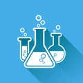 Chemical test tube pictogram icon. Laboratory glassware or beaker equipment isolated on blue background with long shadow. Royalty Free Stock Photo