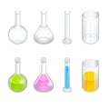Chemical test tube pictogram icons set. Erlenmeyer flask, distilling flask, volumetric flask, test tube. Chemical lab