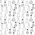 chemical test tubes and flasks seamless pattern hand drawn doodle, vector. line art, nordic, scandinavian, minimalism Royalty Free Stock Photo