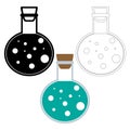 Chemical test tubes in vector icons set of three minimalist simple flat illustrations. Experiment chemical flasks for science