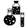 Chemical test tubes in vector icons set of three minimalist simple flat illustrations. Experiment chemical flasks for science