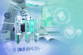 Chemical university texture or background, vivid conceptual medical 3D illustration - test-tubes and microscope in facility Royalty Free Stock Photo