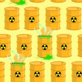 Chemical waste dump. Seamless pattern with barrels of biohazard.