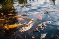 chemical waste spill, with floating debris and dead fish in the water Royalty Free Stock Photo