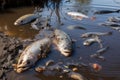 chemical waste spill, with floating debris and dead fish in the water Royalty Free Stock Photo