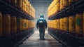 Chemical worker carrying canisters with hazardous materials, generated ai image