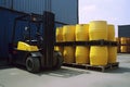 chemicals being transported in barrels, with forklift and truck visible Royalty Free Stock Photo