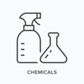 Chemicals flat line icon. Vector outline illustration of spray and beaker. Black thin linear pictogram for laboratory