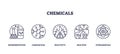 Chemicals icons outline showing experimentation, composition, and reactivity. Outline icons ... Royalty Free Stock Photo