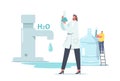 Chemicals in Water Concept. Tiny Scientist Female Character in White Lab Coat Hold Beaker Research Water in Laboratory