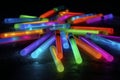 Chemiluminescent glow sticks creating a vibrant light display in darkness Royalty Free Stock Photo
