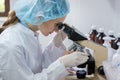 Chemist analyzing sample under microscope in laboratory of cosme Royalty Free Stock Photo