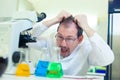 Chemist crazy. A mad scientist conducts experiments in a scientific laboratory. With surprised eyes, he examines the Royalty Free Stock Photo