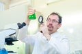 Chemist crazy. A mad scientist conducts experiments in a scientific laboratory. With surprised eyes, he looks through a Royalty Free Stock Photo