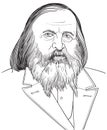 Dmitri Mendeleev portrait in line art illustration.