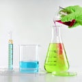 Chemist formulating dangerous solution substances, Scientist with equipment and science experiments Royalty Free Stock Photo