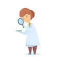 A chemist girl examines an element through a magnifying glass. Vector cartoon illustration Royalty Free Stock Photo
