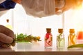 Chemist looking at bottles with essence of plants in laboratory Royalty Free Stock Photo