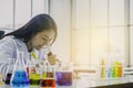 Chemist, microscope, chemical testing in lab, concept for improving safety products before applying to consumers Royalty Free Stock Photo