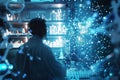Chemist with molecular structures blending into a hightech pharmaceutical lab Royalty Free Stock Photo