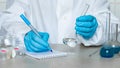 Chemist or pharmacologist examines samples of substances in a laboratory