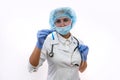 Chemist in protective uniform holding and examining test tube with blue vial substance isolated on white. Woman scientist making