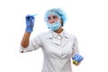 Chemist in protective uniform holding and examining test tube with blue vial substance isolated on white. Woman scientist making