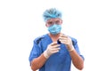 Chemist in protective uniform holding flask and test tube with minerals isolated on white. Science and experiment concept