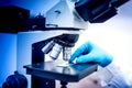 Chemist and samples with microscope and rubber gloves. Medical chemist in pharmaceutical field examining