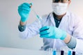 Chemist scientist conducts experiments by synthesising compounds with using dropper in a test tube