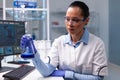 Chemist woman analyzing liquid solution holding medical glass flask Royalty Free Stock Photo