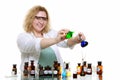 Chemist woman with chemical glassware flask isolated Royalty Free Stock Photo