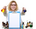 Chemist woman with glassware flask clipboard isolated