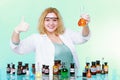 Chemist woman with glassware thumb up gesture isolated